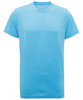 A blue performance T-shirt with a classic crew neck and short sleeves, featuring a simple design and branding.