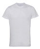 A white performance T-shirt with short sleeves and a round neckline. It features a logo on the design.