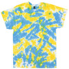 A bright tie dye t-shirt featuring blue, yellow, and green patterns with a relaxed fit and a logo.