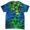 A crinkle tie dye t-shirt featuring a vibrant blend of blue and green colours, with a logo present.