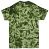 A green tie-dye T-shirt featuring a crinkle pattern on the back. The shirt includes a label.