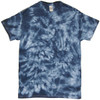 A Crinkle Tie Dye T-Shirt in shades of blue with a unique pattern. The shirt has a tag and features a logo.