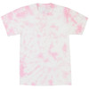 A pink and white tie dye T-shirt with a crinkle design and a round neck. It features a logo.