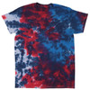 A Crinkle Tie Dye T-shirt features a vibrant design in red, blue, and white colours. It has a logo on it.