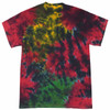 A Crinkle Tie Dye T-Shirt in vibrant red, yellow, green, and black colours, featuring a logo on the front.