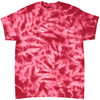 A red crinkle tie dye t-shirt with a vibrant, swirling pattern, featuring a logo on the front.