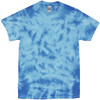 A blue tie-dye t-shirt featuring a swirling crinkle pattern and a label inside the collar.