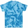 A crinkle tie dye t-shirt in various shades of blue with a vibrant, textured pattern.