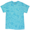 A blue crinkle tie dye T-shirt with a soft texture and a casual fit, featuring a logo.