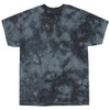 A tie-dye t-shirt featuring shades of dark grey and charcoal, with a loose, relaxed fit and a logo on the front.