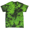 A tie-dye t-shirt featuring a vibrant green pattern with black accents and a relaxed fit. It has a logo.