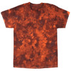 An orange and maroon tie-dye T-shirt with a swirling pattern. Features a logo on the shirt.