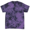 A purple and black tie-dye t-shirt with a relaxed fit and a logo on the front.