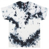 A tie-dye T-shirt featuring a navy blue and white pattern, with short sleeves and a crew neck. It has a logo.