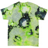 A tie-dye T-shirt in shades of lime green, grey, and black, featuring a circular pattern and a logo.