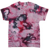 A pink and black tie-dye T-shirt with a vibrant, swirling pattern and a loose fit. It has a logo on it.