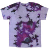 A tie-dye T-shirt featuring shades of purple, black, and white with an abstract pattern. It has a logo present.