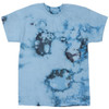 A blue tie-dye T-shirt featuring irregular patterns in darker shades of blue and black. The shirt has a logo on it.