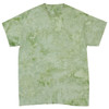 A green tie-dye t-shirt with a marbled pattern and a loose fit, featuring a branding logo.