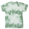 A green and white tie-dye T-shirt featuring a random pattern, with a crew neck and short sleeves.