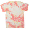 A tie dye t-shirt featuring pink and yellow swirls on a white background. The shirt has a logo on it.