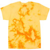 A yellow tie dye t-shirt featuring vibrant orange patterns and a casual, relaxed fit. It has a branding logo.
