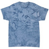 A blue tie-dye t-shirt with a marbled pattern and a loose, relaxed fit. It features a logo on the garment.