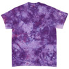 A purple tie-dye t-shirt featuring a vibrant, swirling pattern of various shades of purple. It includes a logo.