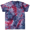 A tie-dye T-shirt featuring a blend of navy, red, and purple colours with a unique pattern. It has a logo.