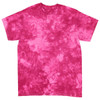 A pink tie-dye t-shirt featuring a blend of vibrant pink shades and a relaxed fit. It has a branding logo.