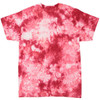 A tie-dye T-shirt in shades of red, featuring a vibrant, swirling pattern. It has a logo on it.