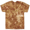 A tie-dye t-shirt featuring shades of brown and earthy tones, with a relaxed fit and short sleeves.