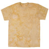A yellow and cream tie-dye T-shirt featuring a relaxed fit design. The shirt has a logo on it.