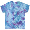 A tie-dye t-shirt featuring shades of blue, purple, and hints of green, with a relaxed fit and a logo on it.