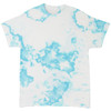 A loose-fitting tie-dye T-shirt in white and light blue, featuring a cloud-like pattern. It has a logo on the label.