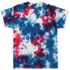 A tie-dye T-shirt featuring vibrant blue, red, and white colours with a swirling pattern. It has a logo.