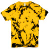 A yellow tie dye t-shirt with black patterns, featuring a modern design. The shirt has a logo on it.