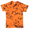 A Nebula tie dye t-shirt featuring a vibrant orange and black pattern, with a label on the inside neck.