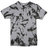 A tie-dye t-shirt featuring a black and grey pattern, with a logo on the front.