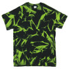 A black and neon green tie dye T-shirt featuring a vibrant swirling design. The shirt has a logo on the label.
