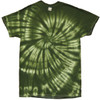 A green tie-dye t-shirt featuring a spiral pattern in lighter and darker green shades. It has a tag at the neckline.