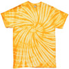 A tie-dye T-shirt featuring a swirl pattern in vibrant yellow and orange colours. It has a plain design without text.