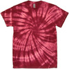 A tie-dye T-shirt featuring a spiral pattern in deep red and lighter shades. Includes a brand logo.