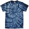 A spiral tie-dye t-shirt featuring shades of navy blue and white, with a soft fabric texture.