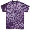 A purple tie-dye t-shirt featuring a spiral design, with a tag visible in the neckline.
