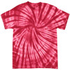 A red tie-dye t-shirt with a spiral pattern and a short sleeve design. It features a logo on the label.
