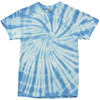 A tie-dye T-shirt in various shades of blue with a spiral pattern and a plain crew neck.