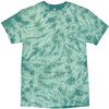 A teal crinkle tie-dye t-shirt with a spiral pattern and a crew neckline. It features a logo on the label.