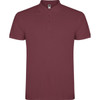 A burgundy polo shirt with a collar and three buttons, featuring a logo on the left side.