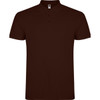 A dark brown polo shirt with a collar and three buttons, featuring a logo on the label.